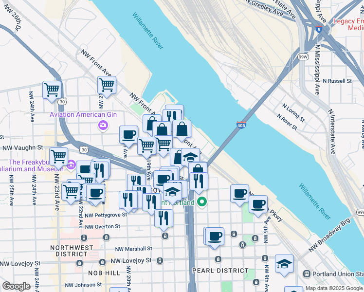 map of restaurants, bars, coffee shops, grocery stores, and more near 2030 Northwest 17th Avenue in Portland