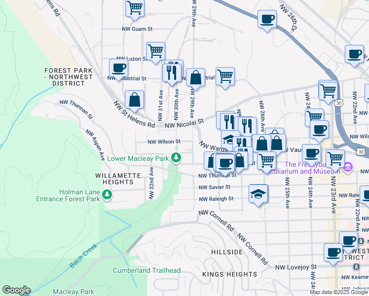 map of restaurants, bars, coffee shops, grocery stores, and more near 2015 Northwest 29th Avenue in Portland
