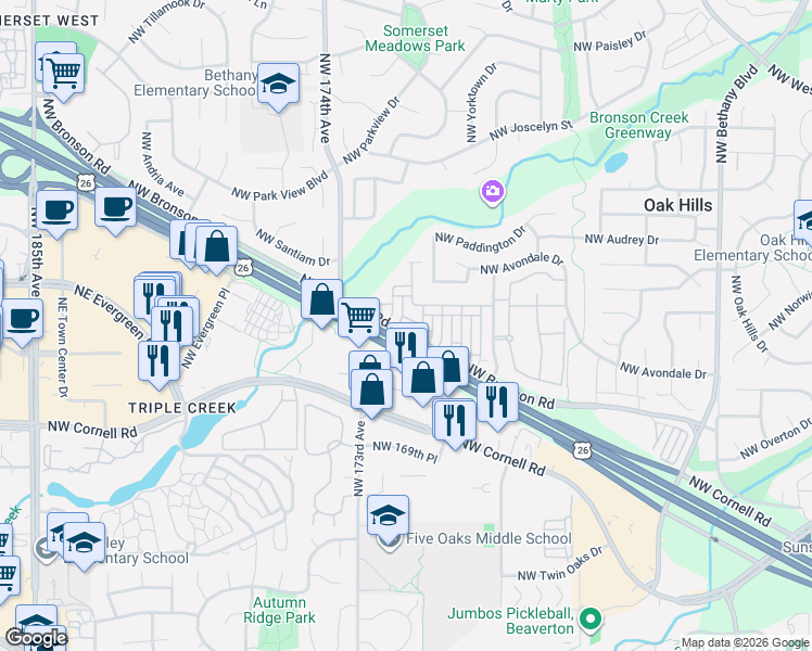 map of restaurants, bars, coffee shops, grocery stores, and more near 17098 Northwest Orion Greens Court in Beaverton