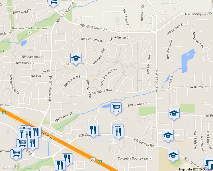 map of restaurants, bars, coffee shops, grocery stores, and more near 15010 Northwest Oakmont Loop in Beaverton