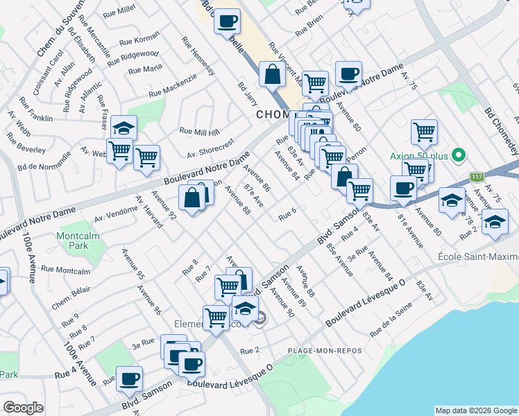 map of restaurants, bars, coffee shops, grocery stores, and more near 520 87e Avenue in Laval