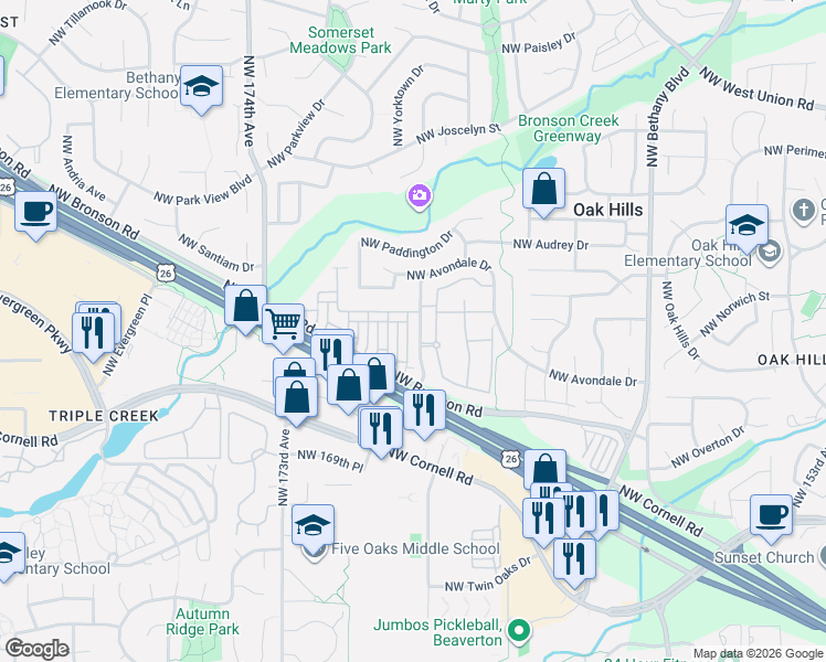 map of restaurants, bars, coffee shops, grocery stores, and more near 2414 Northwest 168th Place in Beaverton