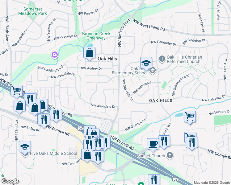 map of restaurants, bars, coffee shops, grocery stores, and more near 2390 Northwest Lydia Place in Beaverton