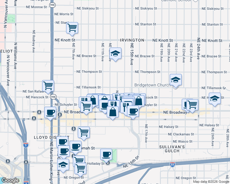 map of restaurants, bars, coffee shops, grocery stores, and more near 2005 Northeast 13th Avenue in Portland