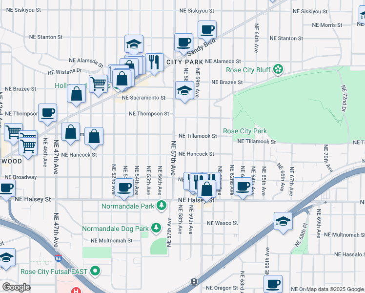 map of restaurants, bars, coffee shops, grocery stores, and more near 1925 Northeast 58th Avenue in Portland