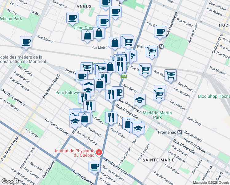 map of restaurants, bars, coffee shops, grocery stores, and more near 2569 Rue Sherbrooke Est in Montréal