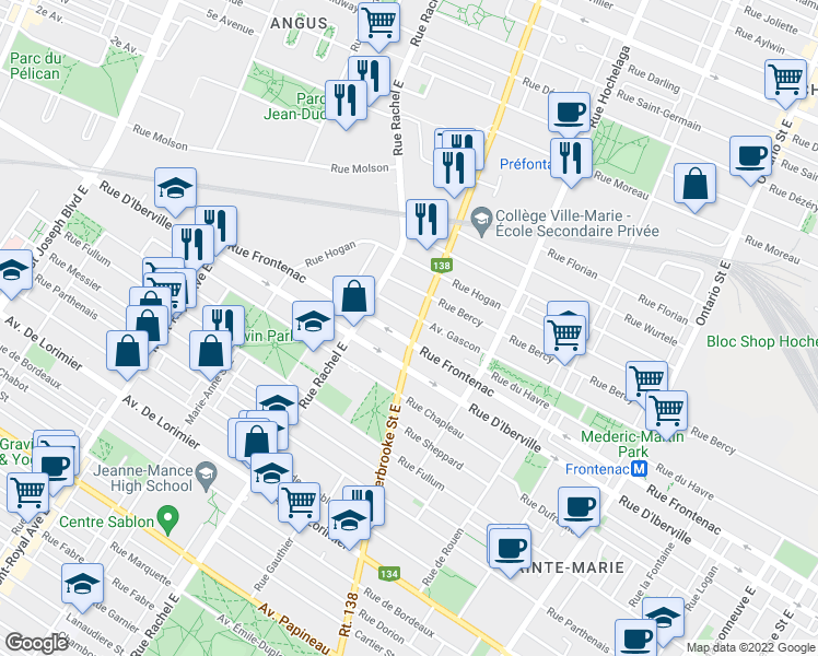 map of restaurants, bars, coffee shops, grocery stores, and more near 2571 Rue Sherbrooke Est in Montréal