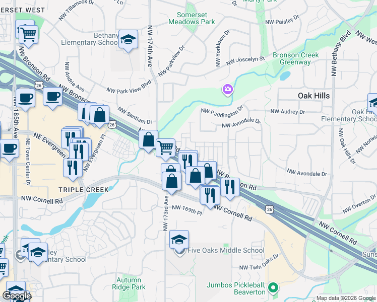 map of restaurants, bars, coffee shops, grocery stores, and more near 17070 Northwest Orion Greens Court in Beaverton