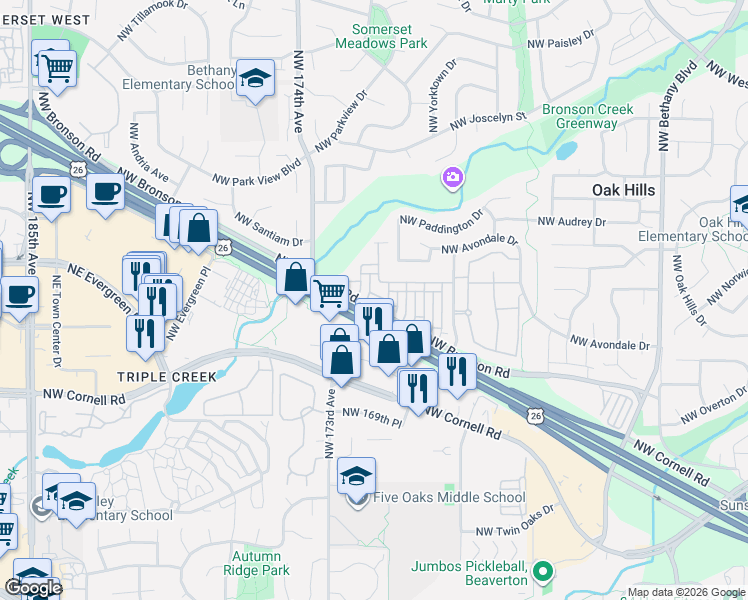 map of restaurants, bars, coffee shops, grocery stores, and more near 17098 Northwest Orion Greens Court in Beaverton