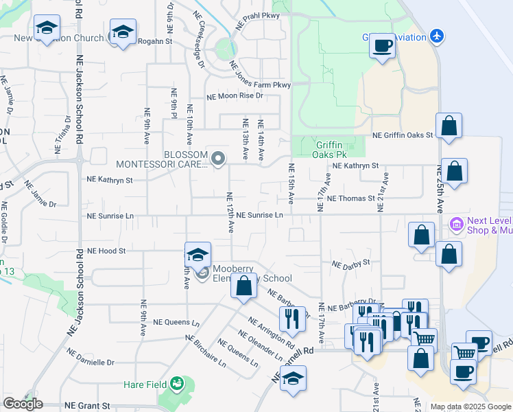 map of restaurants, bars, coffee shops, grocery stores, and more near 1325 Northeast Sunrise Lane in Hillsboro