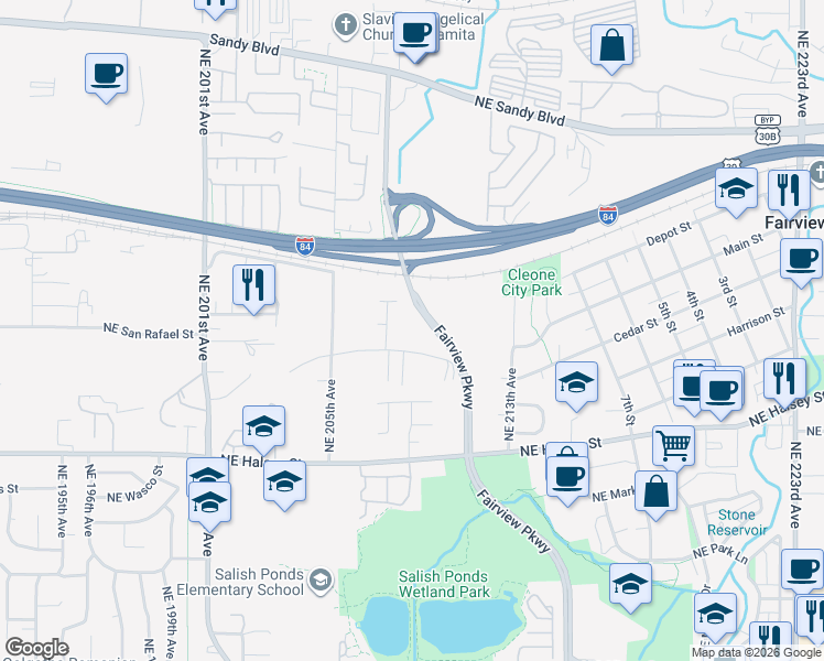 map of restaurants, bars, coffee shops, grocery stores, and more near 20945 NE Wistful Vista Dr in Fairview