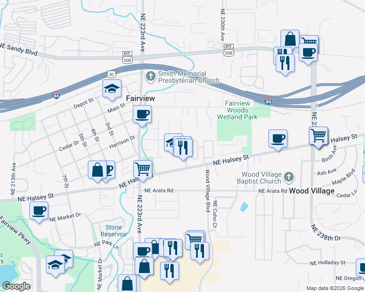 map of restaurants, bars, coffee shops, grocery stores, and more near 1801 Northeast 227th Court in Fairview