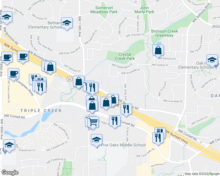 map of restaurants, bars, coffee shops, grocery stores, and more near 2407 Northwest Roseburg Terrace in Beaverton