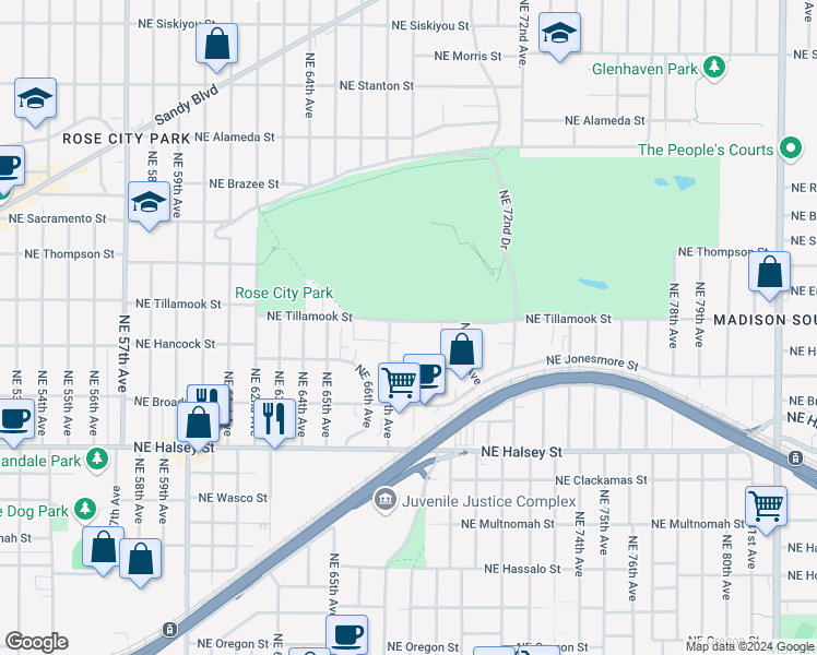 map of restaurants, bars, coffee shops, grocery stores, and more near 6726 Northeast Tillamook Street in Portland