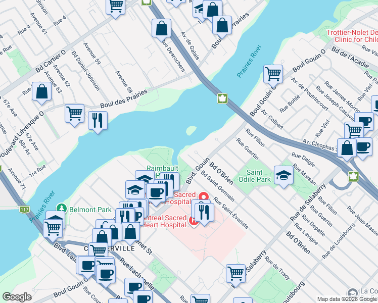 map of restaurants, bars, coffee shops, grocery stores, and more near 12360 Place de la Capricieuse in Montréal