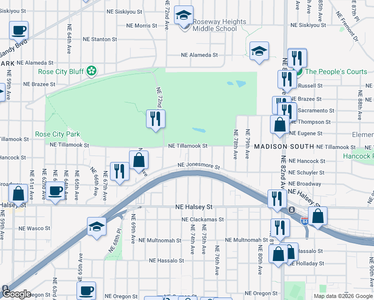 map of restaurants, bars, coffee shops, grocery stores, and more near 7320 Northeast Tillamook Street in Portland