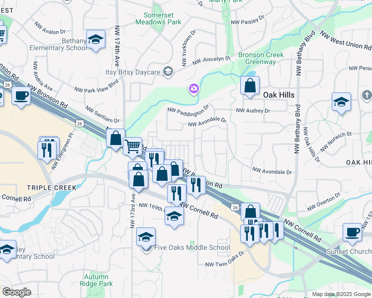 map of restaurants, bars, coffee shops, grocery stores, and more near 2417 Northwest 168th Place in Beaverton