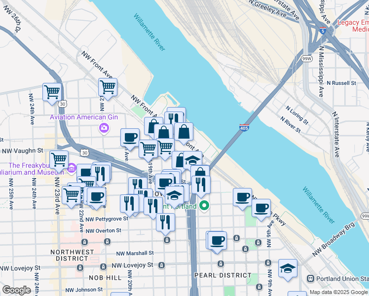 map of restaurants, bars, coffee shops, grocery stores, and more near 2030 Northwest 17th Avenue in Portland