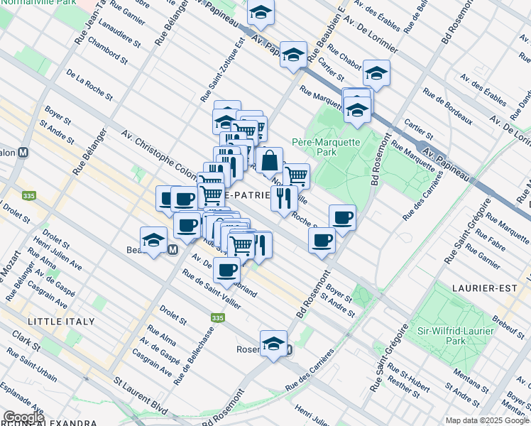 map of restaurants, bars, coffee shops, grocery stores, and more near 6263 Avenue Christophe-Colomb in Montreal