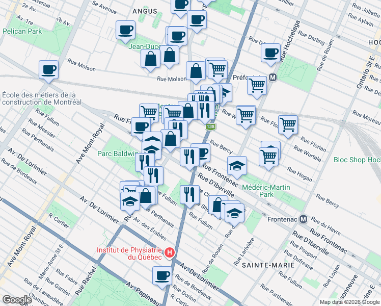 map of restaurants, bars, coffee shops, grocery stores, and more near 3441 Rue Frontenac in Montréal