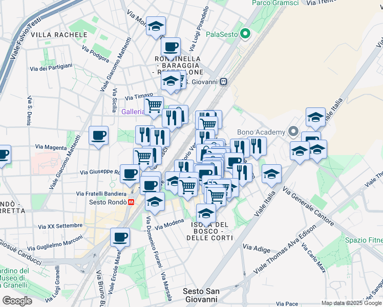 map of restaurants, bars, coffee shops, grocery stores, and more near 4 Via Enrico Falck in Sesto San Giovanni