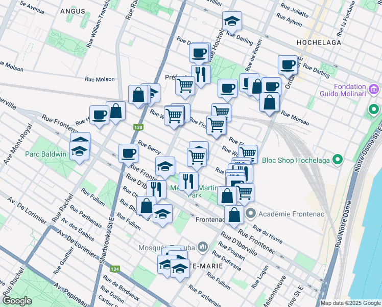 map of restaurants, bars, coffee shops, grocery stores, and more near 2319 Rue Hogan in Montreal