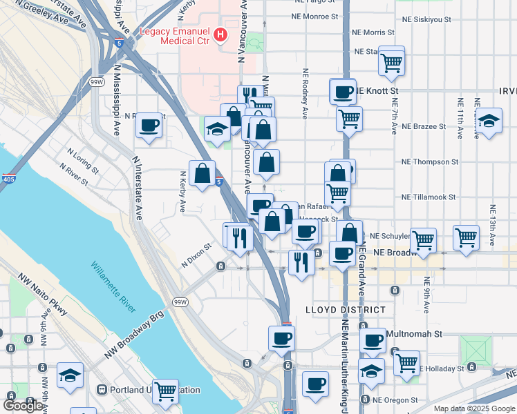 map of restaurants, bars, coffee shops, grocery stores, and more near 1931 North Williams Avenue in Portland