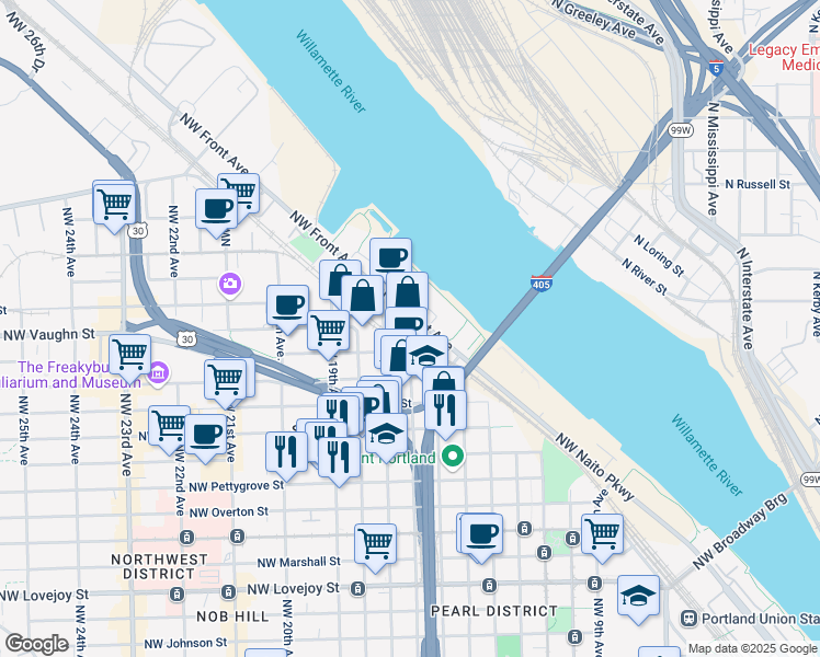 map of restaurants, bars, coffee shops, grocery stores, and more near 2030 Northwest 17th Avenue in Portland