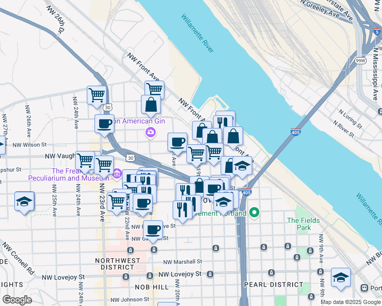 map of restaurants, bars, coffee shops, grocery stores, and more near 1930 Northwest Vaughn Street in Portland