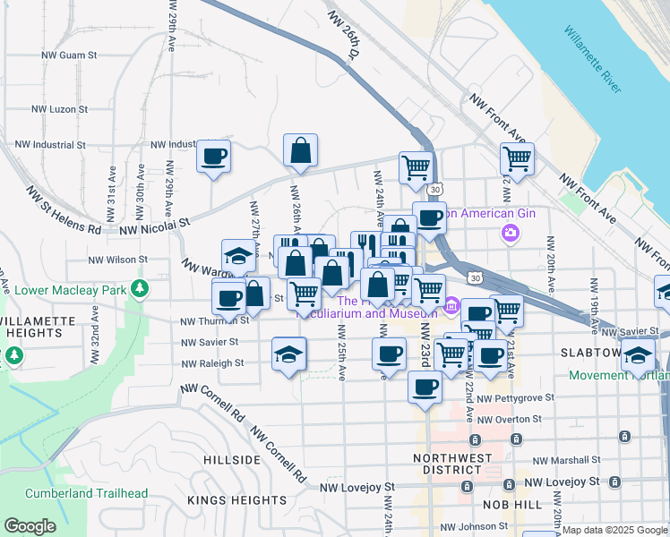 map of restaurants, bars, coffee shops, grocery stores, and more near 2141 Northwest 25th Avenue in Portland