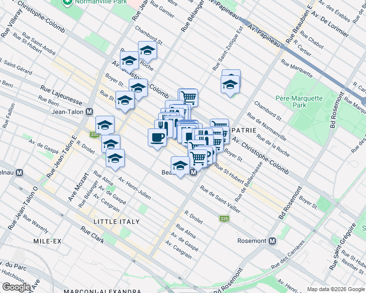 map of restaurants, bars, coffee shops, grocery stores, and more near 6624 Rue Saint-Hubert in Montréal