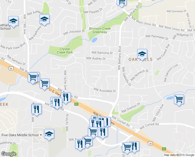 map of restaurants, bars, coffee shops, grocery stores, and more near 16180 Northwest Barkton Court in Beaverton