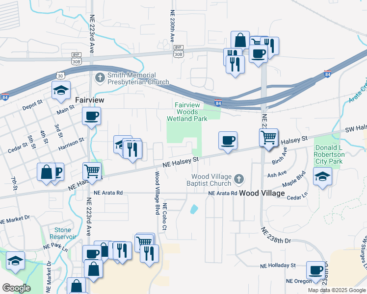 map of restaurants, bars, coffee shops, grocery stores, and more near 22749 Northeast Halsey Street in Fairview