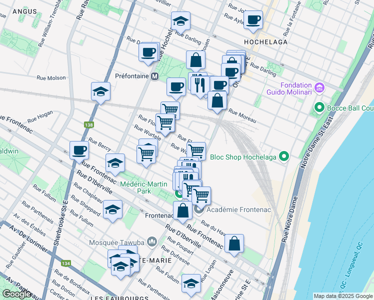 map of restaurants, bars, coffee shops, grocery stores, and more near 5060 Rue Sherbrooke Est in Montréal
