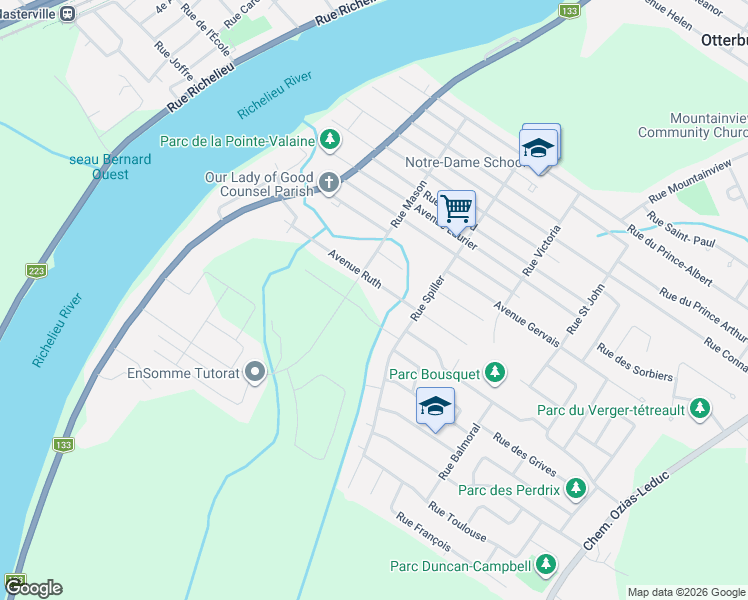 map of restaurants, bars, coffee shops, grocery stores, and more near Rue Vigneault in Otterburn Park