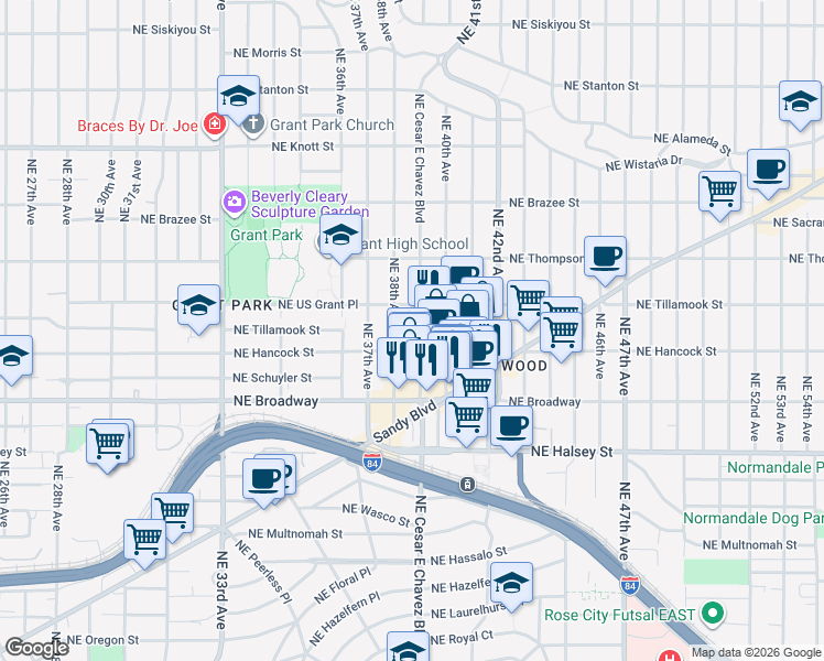 map of restaurants, bars, coffee shops, grocery stores, and more near 1924 Northeast 38th Avenue in Portland