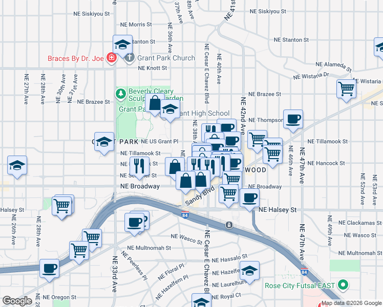 map of restaurants, bars, coffee shops, grocery stores, and more near 1937 Northeast 37th Avenue in Portland
