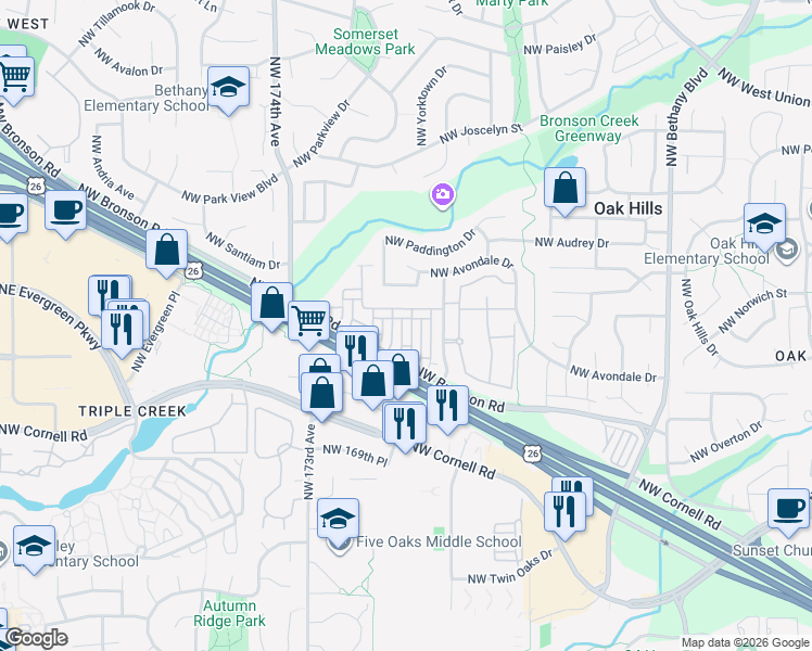 map of restaurants, bars, coffee shops, grocery stores, and more near 2407 Northwest Roseburg Terrace in Beaverton