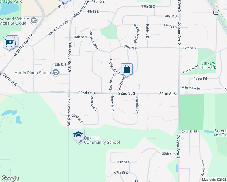 map of restaurants, bars, coffee shops, grocery stores, and more near 2109 Prairie Hill Road in St. Cloud
