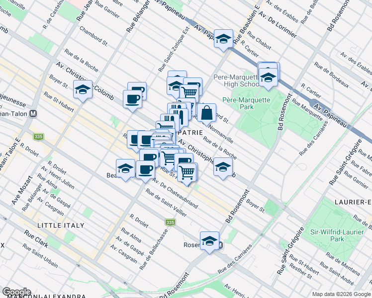 map of restaurants, bars, coffee shops, grocery stores, and more near 6370 Avenue Christophe-Colomb in Montréal