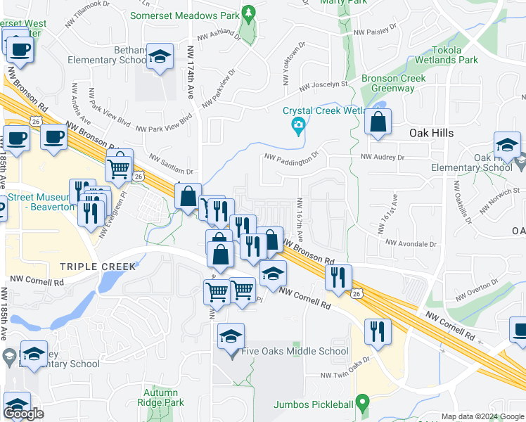 map of restaurants, bars, coffee shops, grocery stores, and more near 2419 Northwest Roseburg Terrace in Beaverton