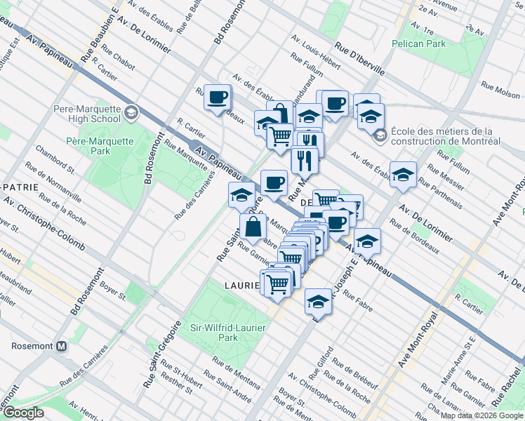 map of restaurants, bars, coffee shops, grocery stores, and more near 5397 Rue Marquette in Montréal