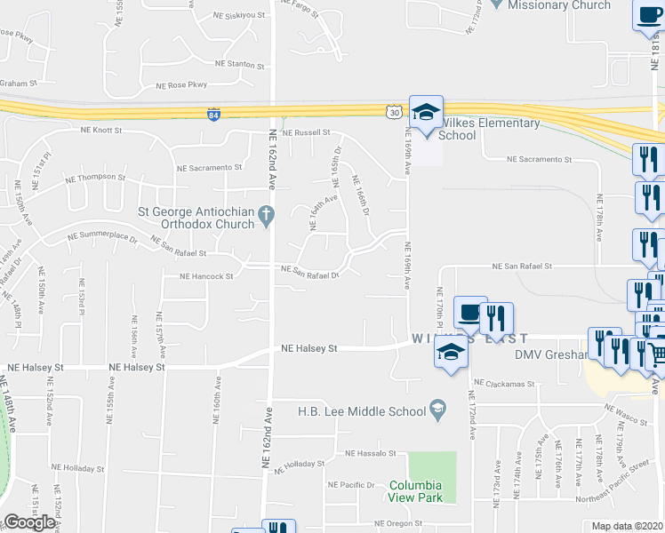 map of restaurants, bars, coffee shops, grocery stores, and more near 16457 Northeast San Rafael Drive in Portland