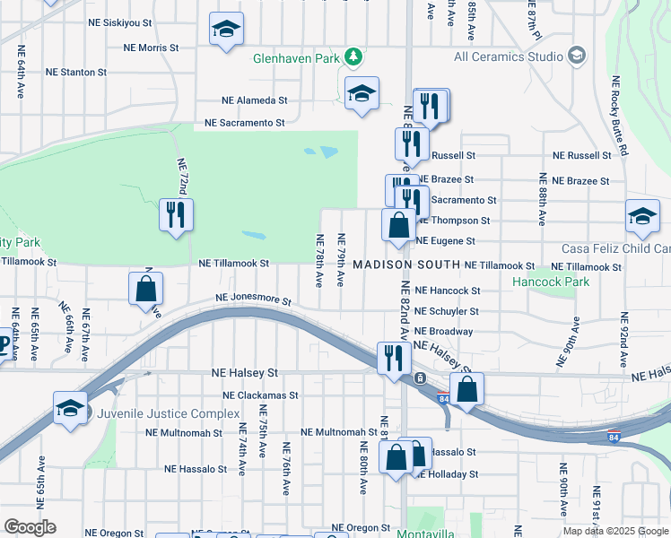 map of restaurants, bars, coffee shops, grocery stores, and more near 7816 Northeast Tillamook Street in Portland