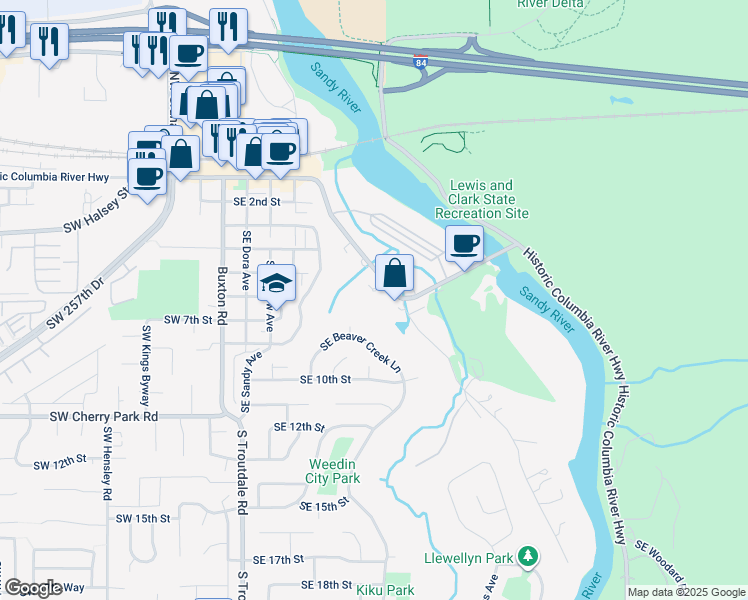map of restaurants, bars, coffee shops, grocery stores, and more near 840 East Historic Columbia River Highway in Troutdale