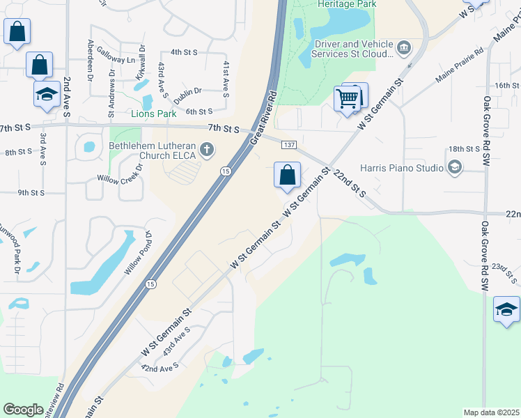 map of restaurants, bars, coffee shops, grocery stores, and more near 4005 24th Street South in St. Cloud