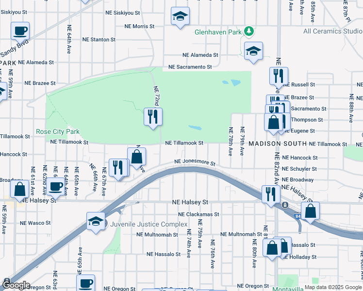 map of restaurants, bars, coffee shops, grocery stores, and more near 7320 Northeast Tillamook Street in Portland