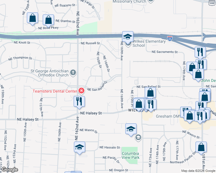 map of restaurants, bars, coffee shops, grocery stores, and more near 1932 Northeast 165th Place in Portland