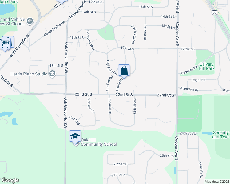 map of restaurants, bars, coffee shops, grocery stores, and more near 2109 Prairie Hill Road in St. Cloud