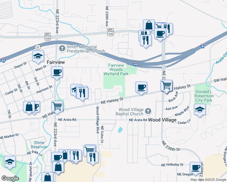 map of restaurants, bars, coffee shops, grocery stores, and more near 22749 Northeast Halsey Street in Fairview